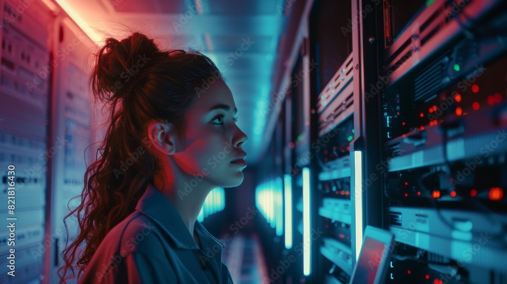 Aufkleber during data center maintenance, a female it technician stands near open rack cabinets and runs the m