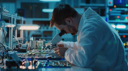 Electronics factory worker inspecting a circuit board through a digital microscope in his white work coat. High tech manufacturing facility.