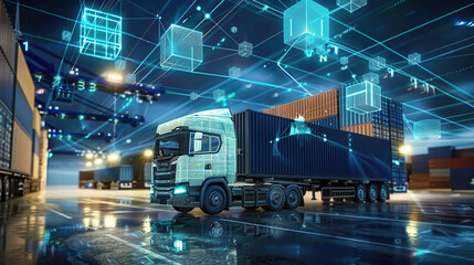 Transportation and logistic network distribution growth. Container cargo ship and trucks of industrial cargo freight for shipping. Business logistic import export with generative ai