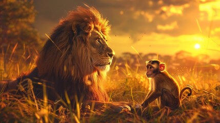 The lion, symbolizing triumph, stands majestically with a regal expression, its mane flowing in the gentle breeze.