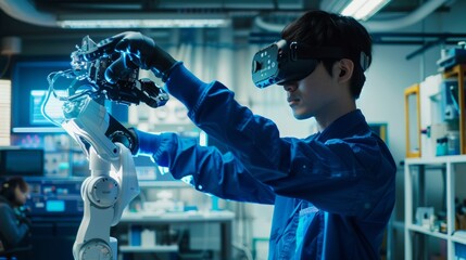 An engineer in blue shirts operates a futuristic robotic arm with a virtual reality headset and joysticks in a high-tech lab.