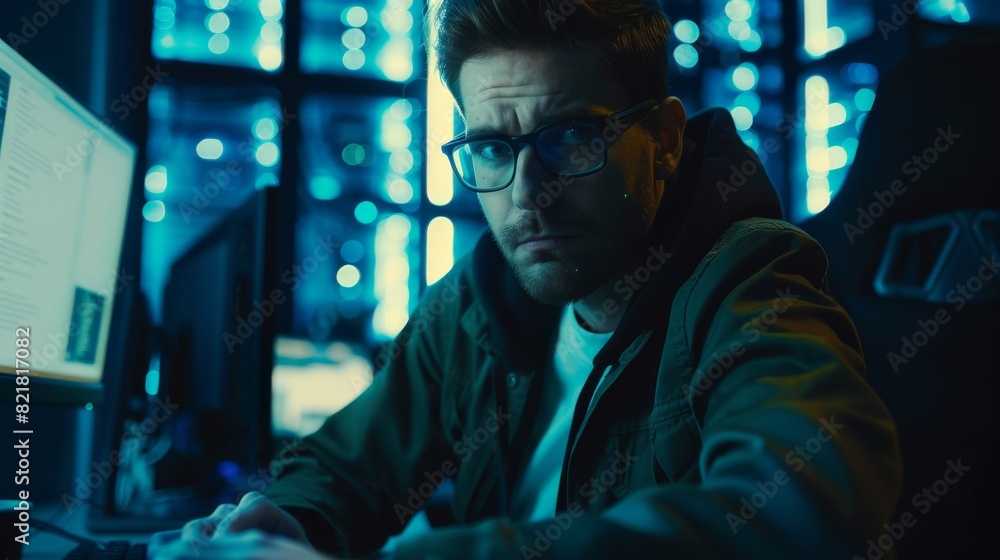Poster in this image, a software developer / hacker wearing glasses sits at his desk and works on his compu