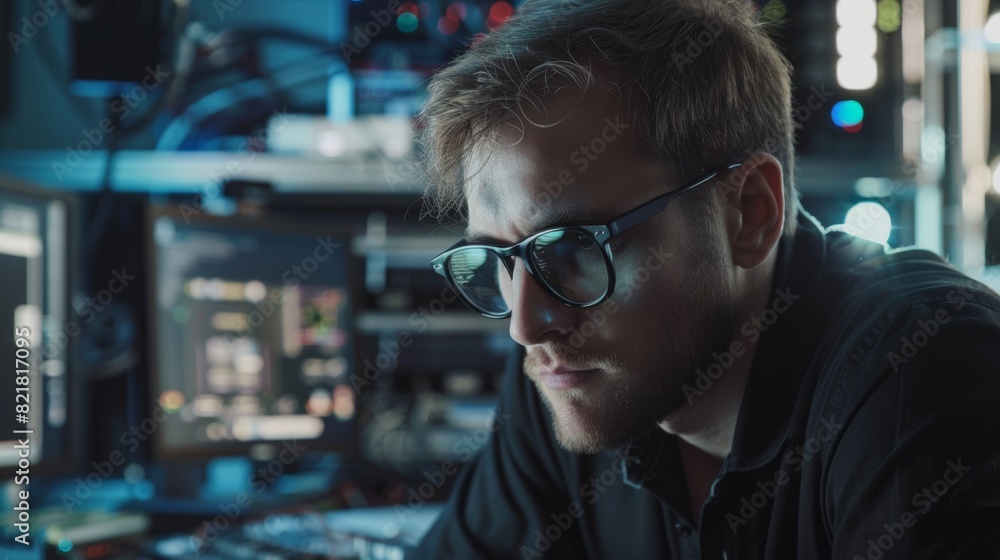 Poster the image shows a professional electronics design engineer wearing glasses working on a computer in 