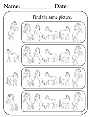 Horse Puzzle. Printable Activity Page for Kids. Educational Resources for School for Kids. Kids Activity Worksheet. Find Similar Shape
