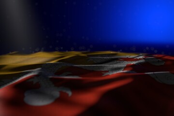 cute any occasion flag 3d illustration. - dark photo of Bhutan flag lay on blue background with bokeh and free place for your content