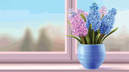 Vase with beautiful hyacinth flowers on windowsill cl