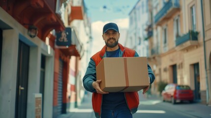 Cardboard Box Package is taken out of an open delivery van to deliver a postal parcel to a customer by the courier.