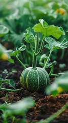 Close-up of a pumpkin plant in a garden, with bright green leaves