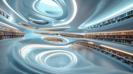 Futuristic library with interactive light shelves, top view, Enlightened space, technology tone, Complementary Color Scheme