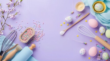 celebration concept, Top view photo of kitchen utensils whisk rolling pin brush colorful eggs and paper baking molds with sprinkles on isolated lilac background with empty space