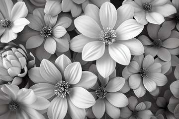 Holographic flowers in a digital landscape, top view, Virtual garden, futuristic tone, black and white