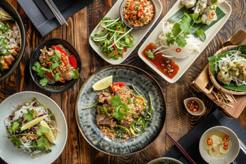 Diverse Spread of Vietnamese Dishes with Fresh Herbs and Vibrant Vegetables