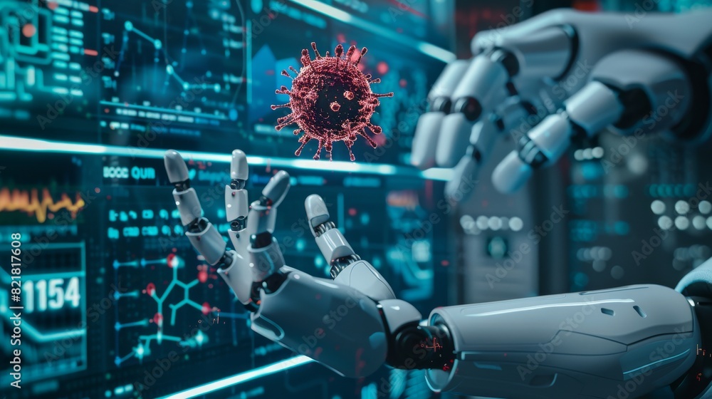 Poster rogue artificial intelligence robot hand touches screen and spreads computer virus. a visualization,