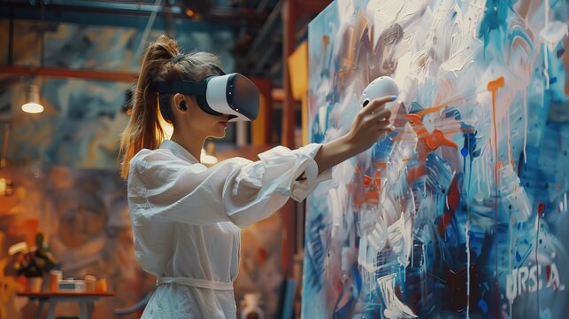 Sculptor or painter using motion controllers to create concept art. She wears a virtual reality headset, holds joysticks, and works on a painting or sculpture.