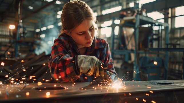 Female Bobbly Welder in a Checkered Shirt Welds an Expressive, Abstract, Brutal Metal Sculpture In a Workshop. Contemporary Fabricator.