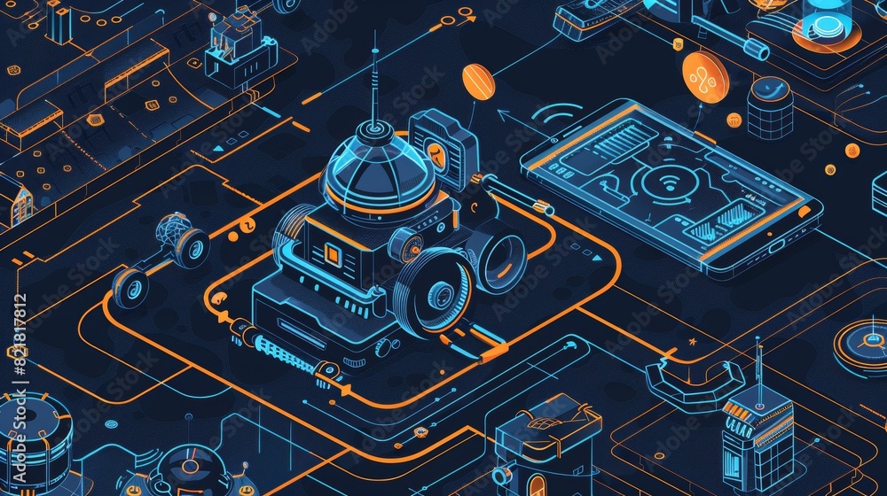 Aufkleber the beacon technology isometric landing page. robot near smartphone, internet of things, communicati