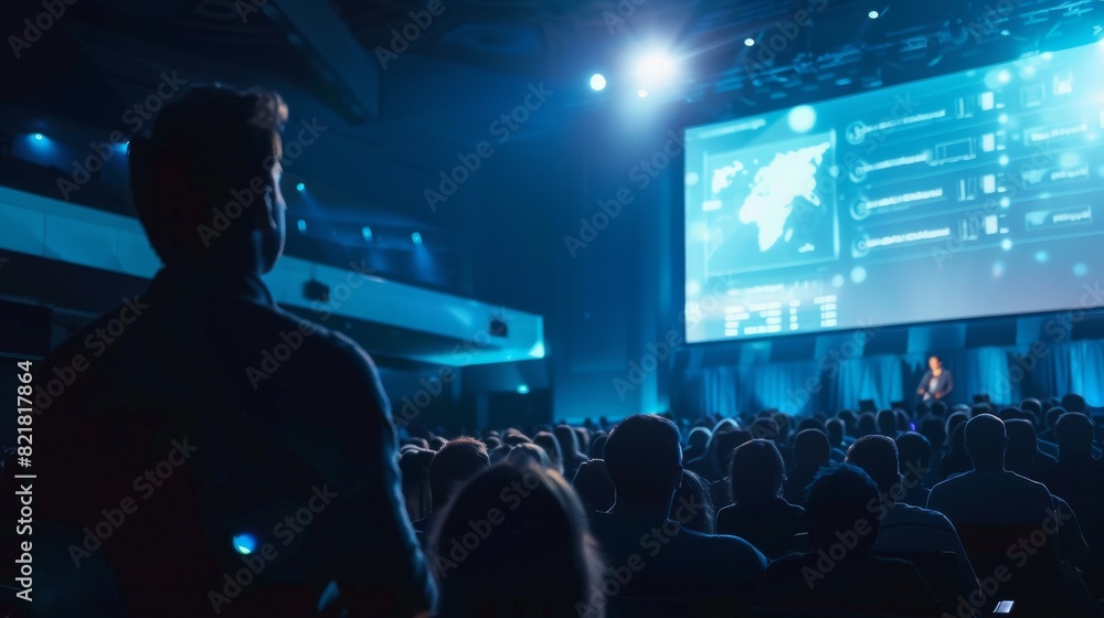 Poster a high quality video shows a stage speaker introducing a technological device, presenting informatio