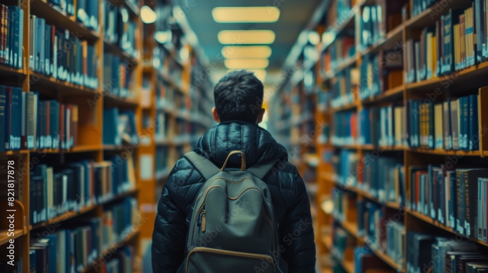 Aufkleber student searches among rows of bookshelves for the right title for class assignment and exam prepara