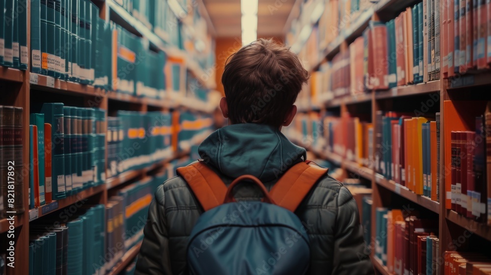 Poster in a university library, students walk between rows of bookshelves searching for the right book titl