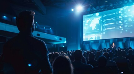 A high quality video shows a stage speaker introducing a technological device, presenting information graphics on the big screen. The event takes place in an auditorium, and is a product release,