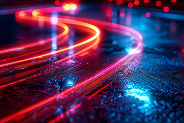 Glossy black surfaces intersected by glowing red and blue neon lines depict a dynamic high-speed data network.