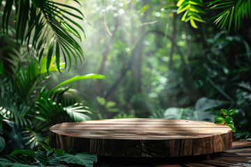 Wooden podium set amidst tropical forest for product presentation, featuring lush green background.