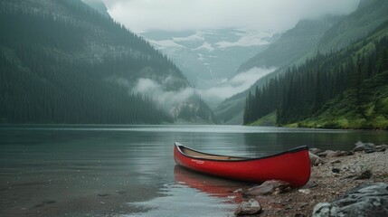 A red canoe is docked on the shore of a picturesque lake with majestic mountains towering in the background, surrounded by a serene natural landscape under a cloudy sky AIG50 - Powered by Adobe