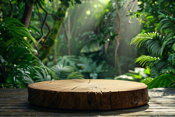 Wooden podium set amidst tropical forest for product presentation, featuring lush green background.