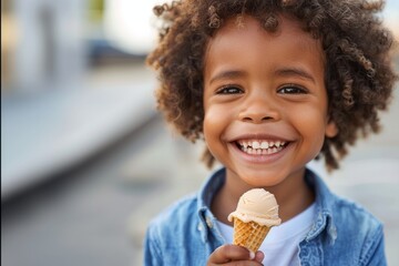 Happy black young boy with curly hair eating an ice cream cone outdoor.