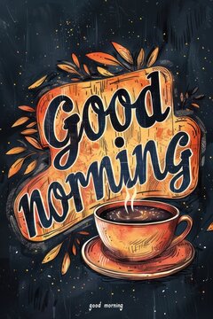 vintage plackard style motivating poster with lettering "good morning" and cup of coffee