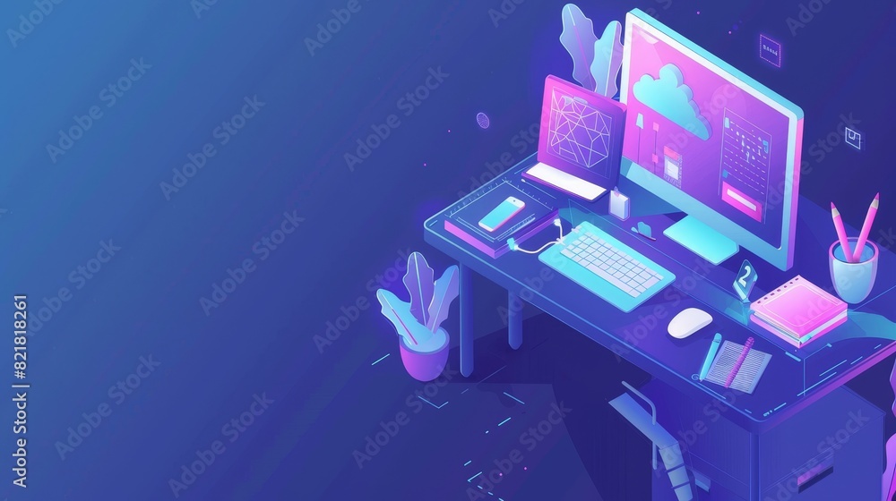 Poster a workspace isometric landing page showing designer workstation with computer monitor, tablet, digit