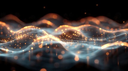 Abstract glowing wave pattern with bokeh light effects. Futuristic digital blue and orange luminous wave background.