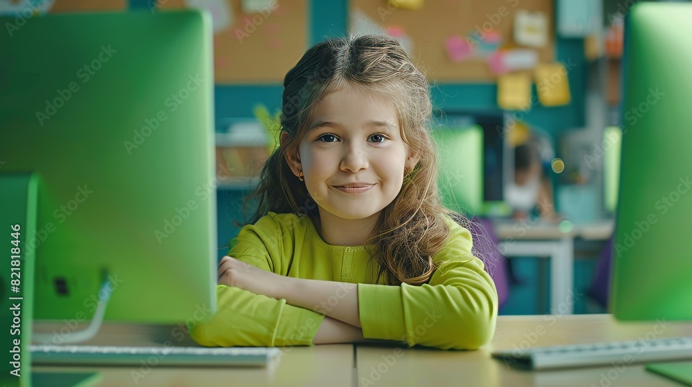 Poster computer science classroom: cute little girl learning coding. schoolchildren getting modern educatio