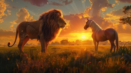 The meadow is illuminated by the soft, golden hues of the setting sun, creating perfect lighting