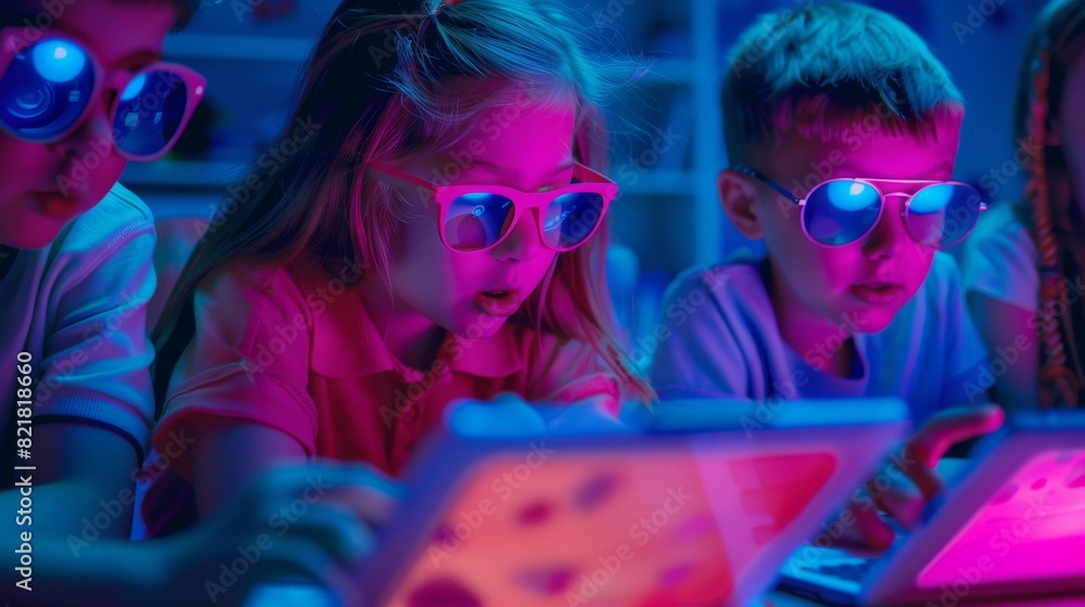 Poster in elementary school computer science class, children use tablets and smartphones with augmented rea