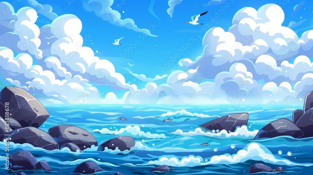 Poster nature landscape, shallow ocean, parallax background with 2d layers ready for game animation. the cl
