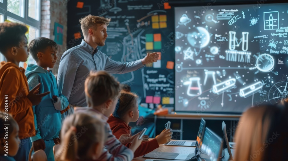 Poster during a science class at an elementary school, a physics teacher uses a digital whiteboard to demon