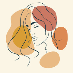 Vector woman portrait in profile with geometric shapes Memphis style in modern minimalist style. A woman's face in one line. Vector illustration in beige pastel colors for printing