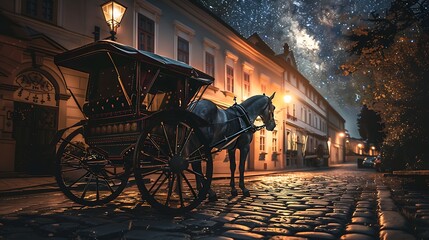 A horse carriage with intricate patterns waiting on a cobblestone street under a starlit sky. 8k, realistic, full ultra HD, high resolution and cinematic photography