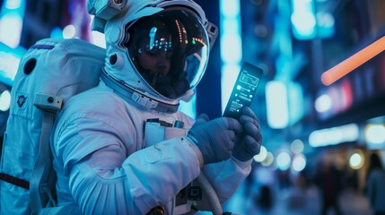 Naklejka premium In a futuristic white suit, a man in a white futuristic suit is playing a fast-paced game on his smartphone. Astronaut is pumping his fist as he celebrates success.