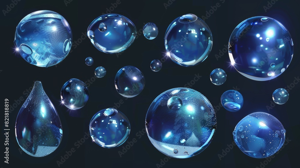 Poster there is a set of water drops and clear dews of different shapes and sizes. there is a set of scatte