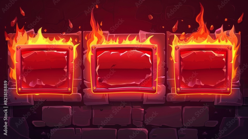 Poster illustration of red game screens with buttons and fire decoration isolated on a white background wit