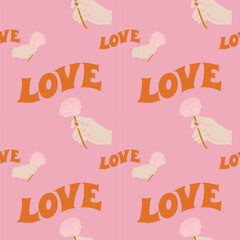 Love hand written textured lettering with hand keeping flower seamless pattern. Retro pink, orange, beige colors background.