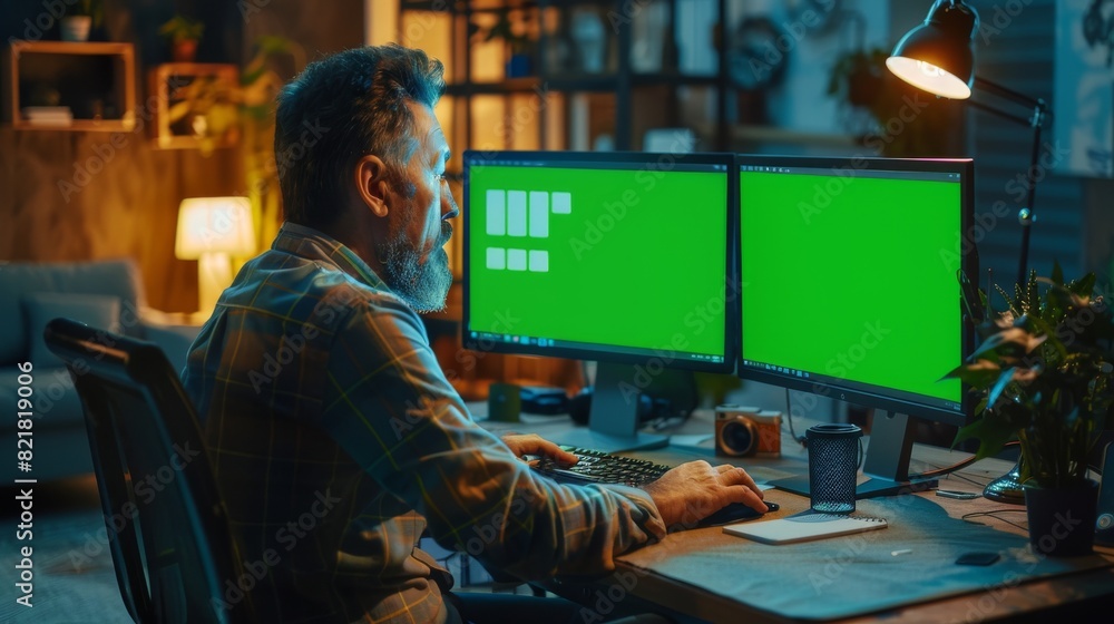 Poster a creative middle-aged designer works late at his desk using two green mock-up screens on a desktop 