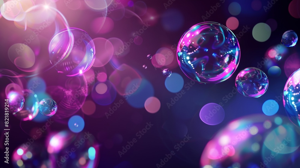 Aufkleber an abstract background with transparent soap bubbles. horizontal poster with flying shiny air bubble