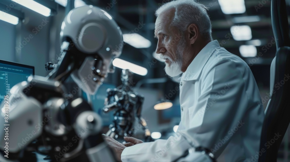 Poster scientists at the robotics development laboratory work on a prototype powered exoskeleton to aid dis