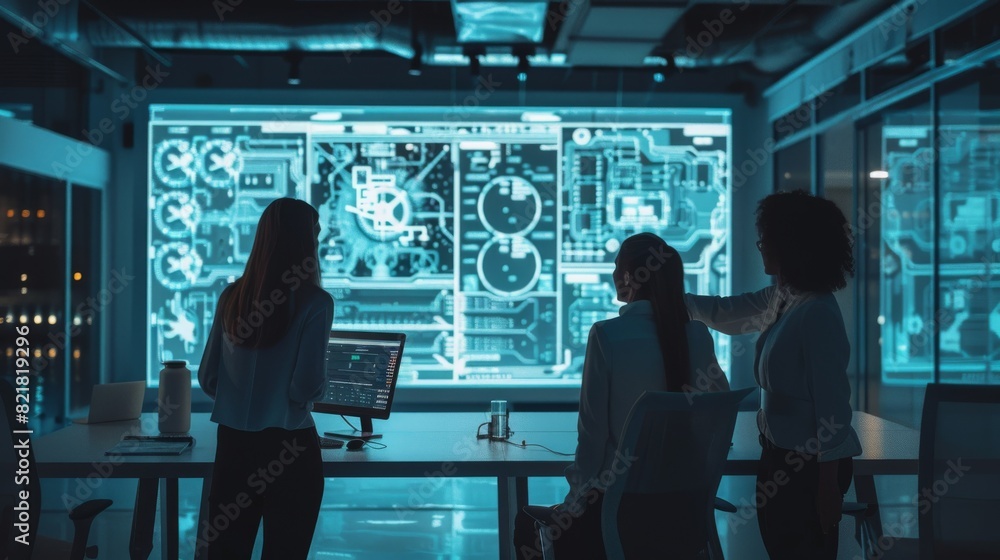 Poster an all-female team works on a 3d printed circuit board concept using an interactive digital whiteboa