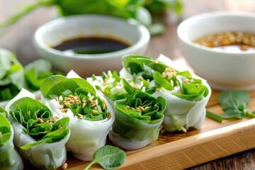 Fresh Vegetable Rice Paper Rolls with Dipping Sauces on a Wooden Board