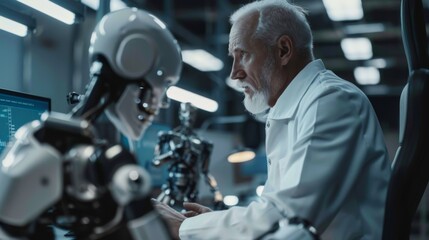 Scientists at the Robotics Development Laboratory work on a prototype powered exoskeleton to aid disabled people. An over-the-shoulder shot shows the chief analyst using a computer and the top