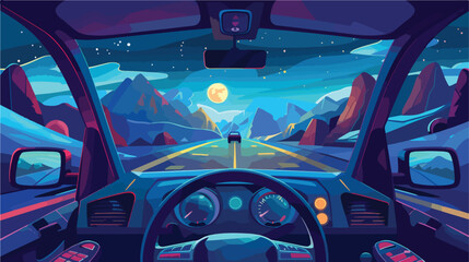 Night mountain view from inside car. Vector cartoon illustration